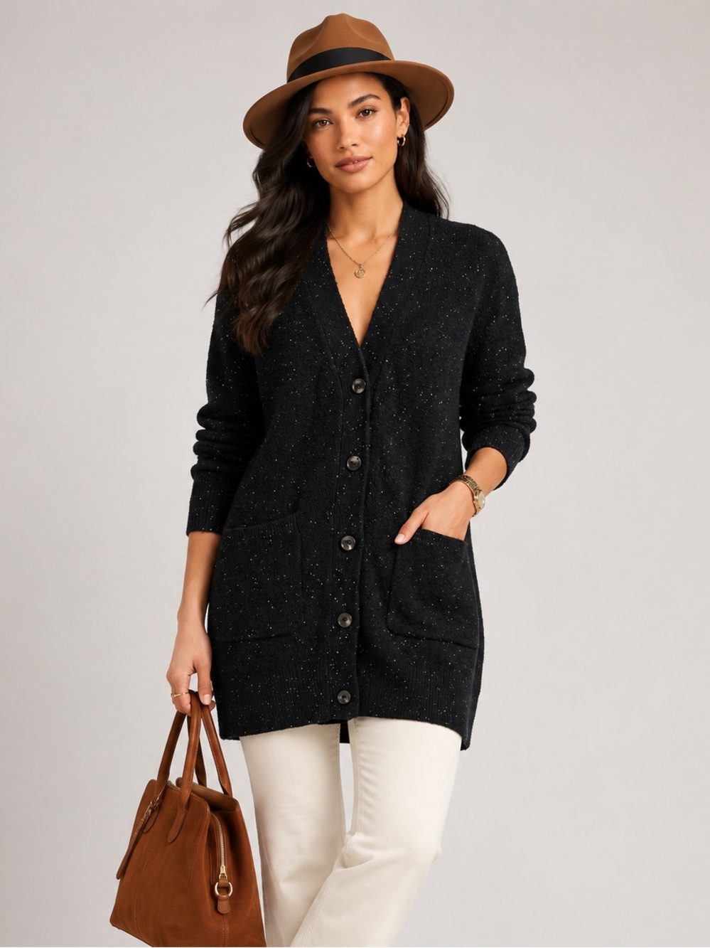 ANN TAYLOR Black Speckled Tweed Knit Cardigan Sweater Large L